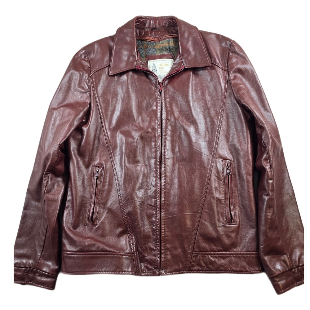 Vintage London Fog Leather Jacket Mens Medium 40 Long Burgundy Red Wool Liner